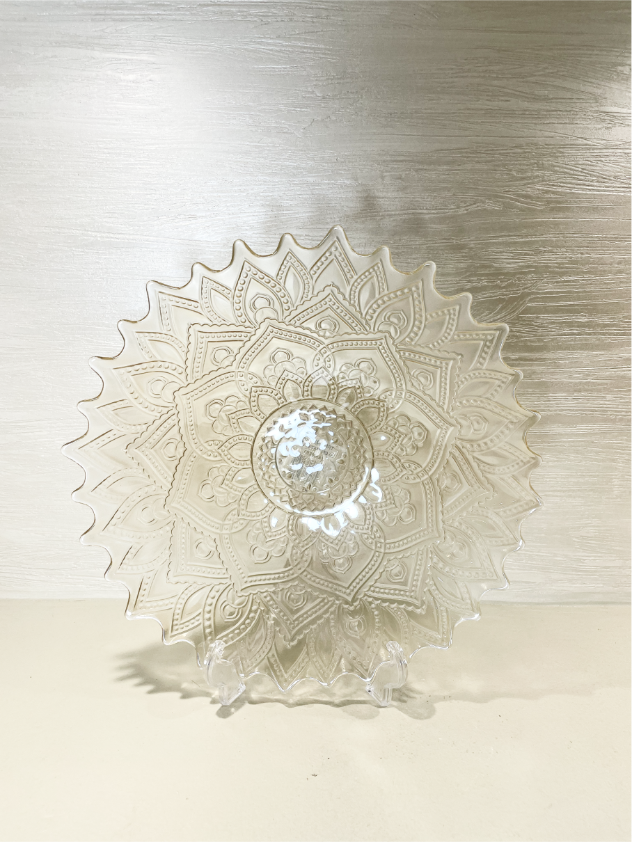 Assiette Ronde en Verre Ambre Clair avec Motif Mandala