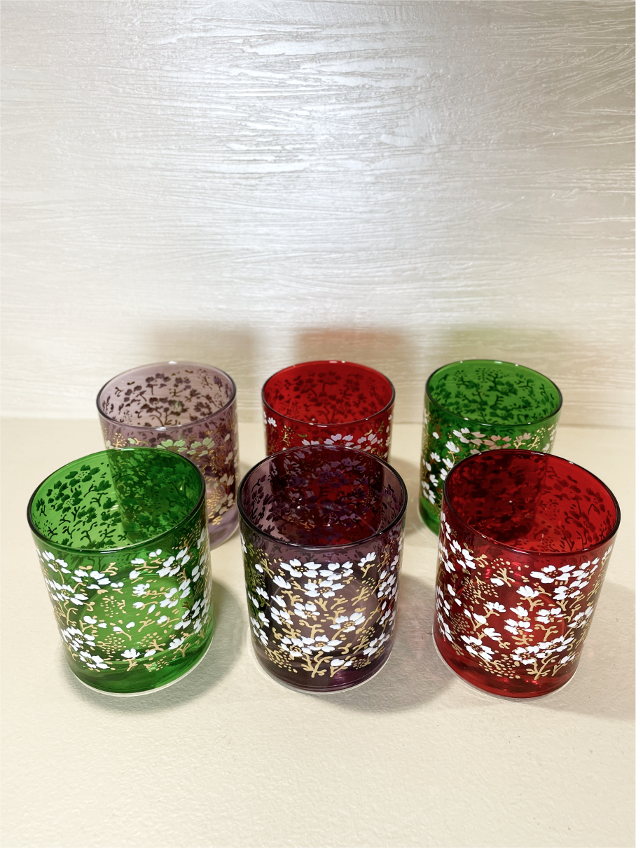 Ensemble de 6 Grands Verres en Verre Tinté Multicolore avec Motif Floral