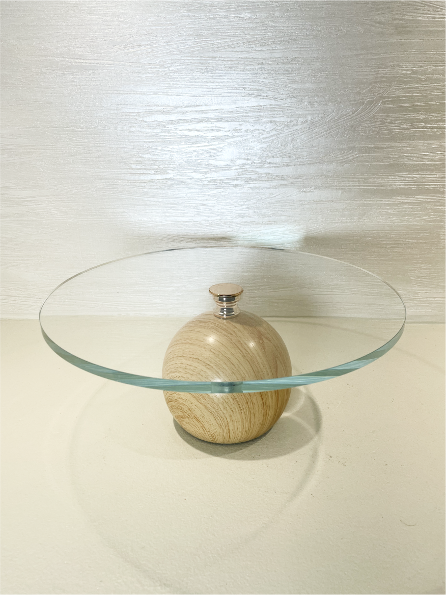 Présentoir à Gâteaux en Verre avec Base Sphérique Effet Bois Clair