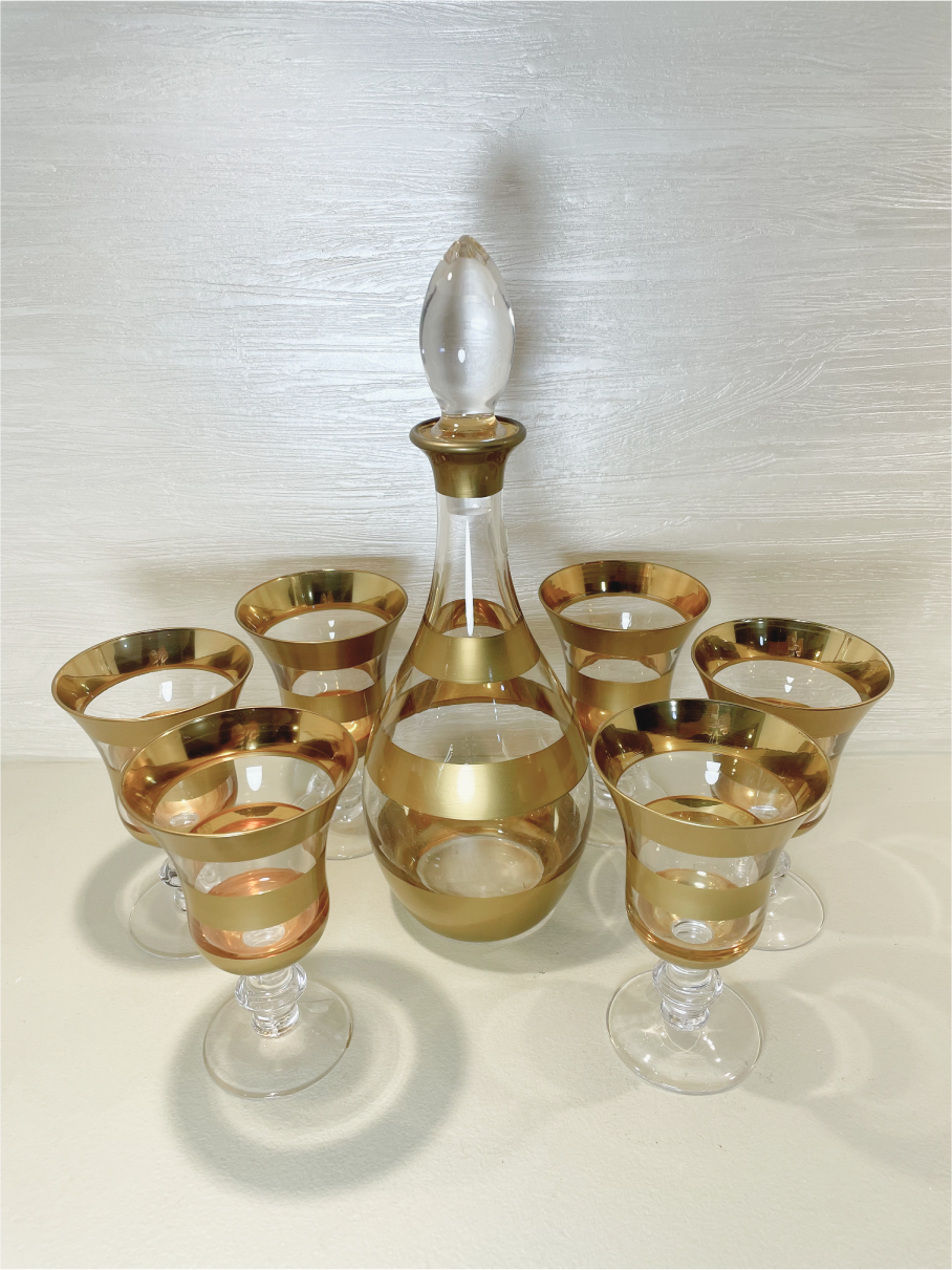 Ensemble de Carafe et 6 Coupes avec Anneaux Dorés