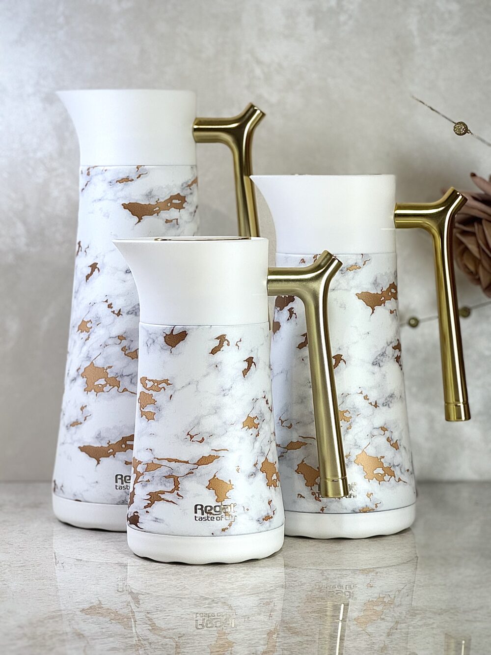 Ensemble de 3 Thermos Blancs avec Décorations Dorées Marbrées