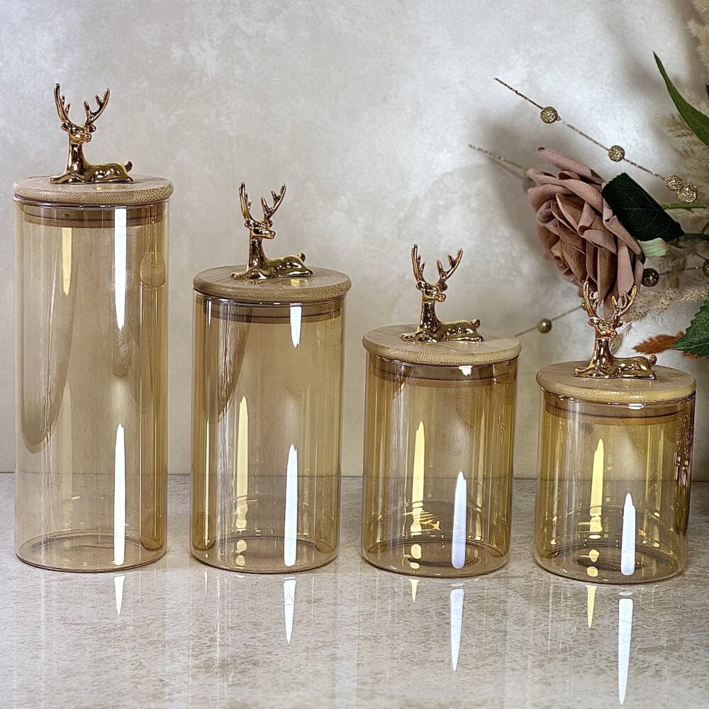 Ensemble de 4 Contenants en Verre Ambre Clair avec Couvercle en Bambou