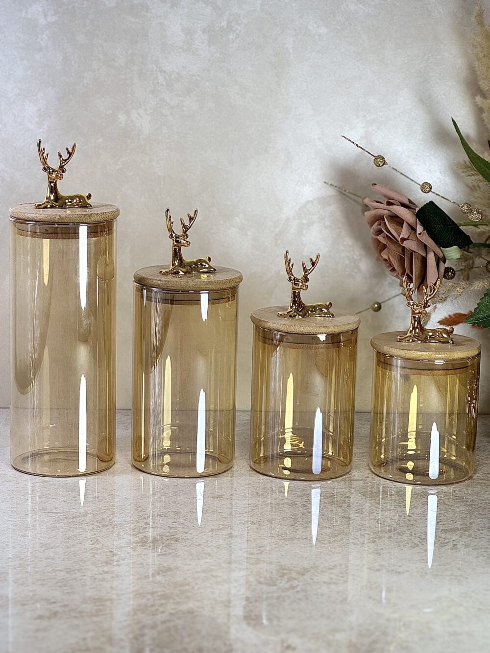 Ensemble de 4 Contenants en Verre Ambre Clair avec Couvercle en Bambou