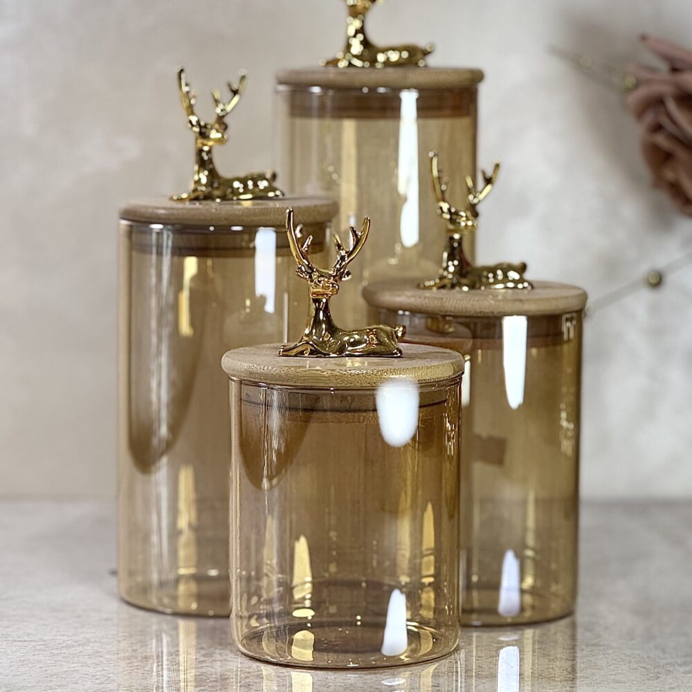 Ensemble de 4 Contenants en Verre Ambre Clair avec Couvercle en Bambou