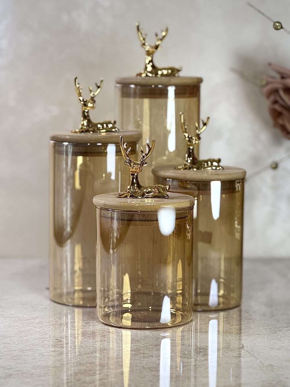 Ensemble de 4 Contenants en Verre Ambre Clair avec Couvercle en Bambou