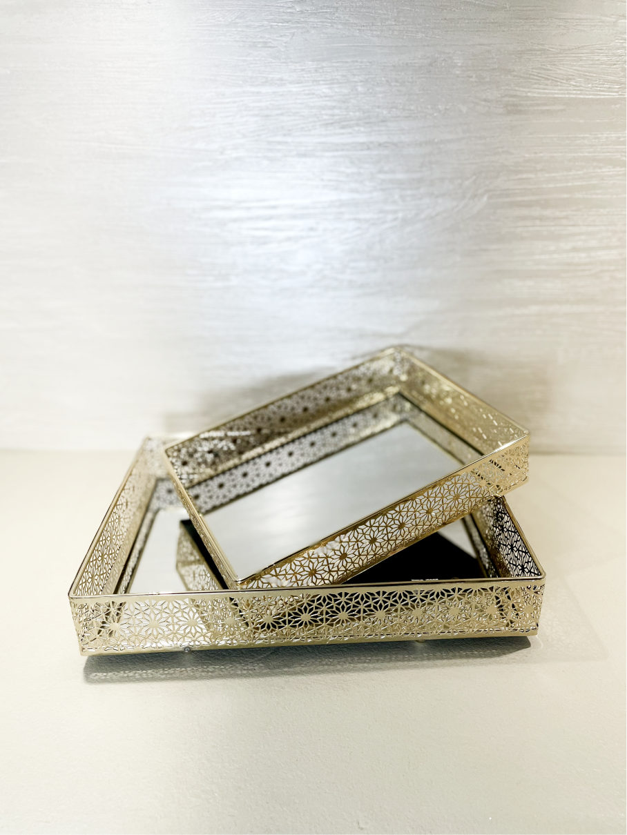 Ensemble de 2 Plateaux Rectangulaires Miroirs Élégants avec Bords Argentés