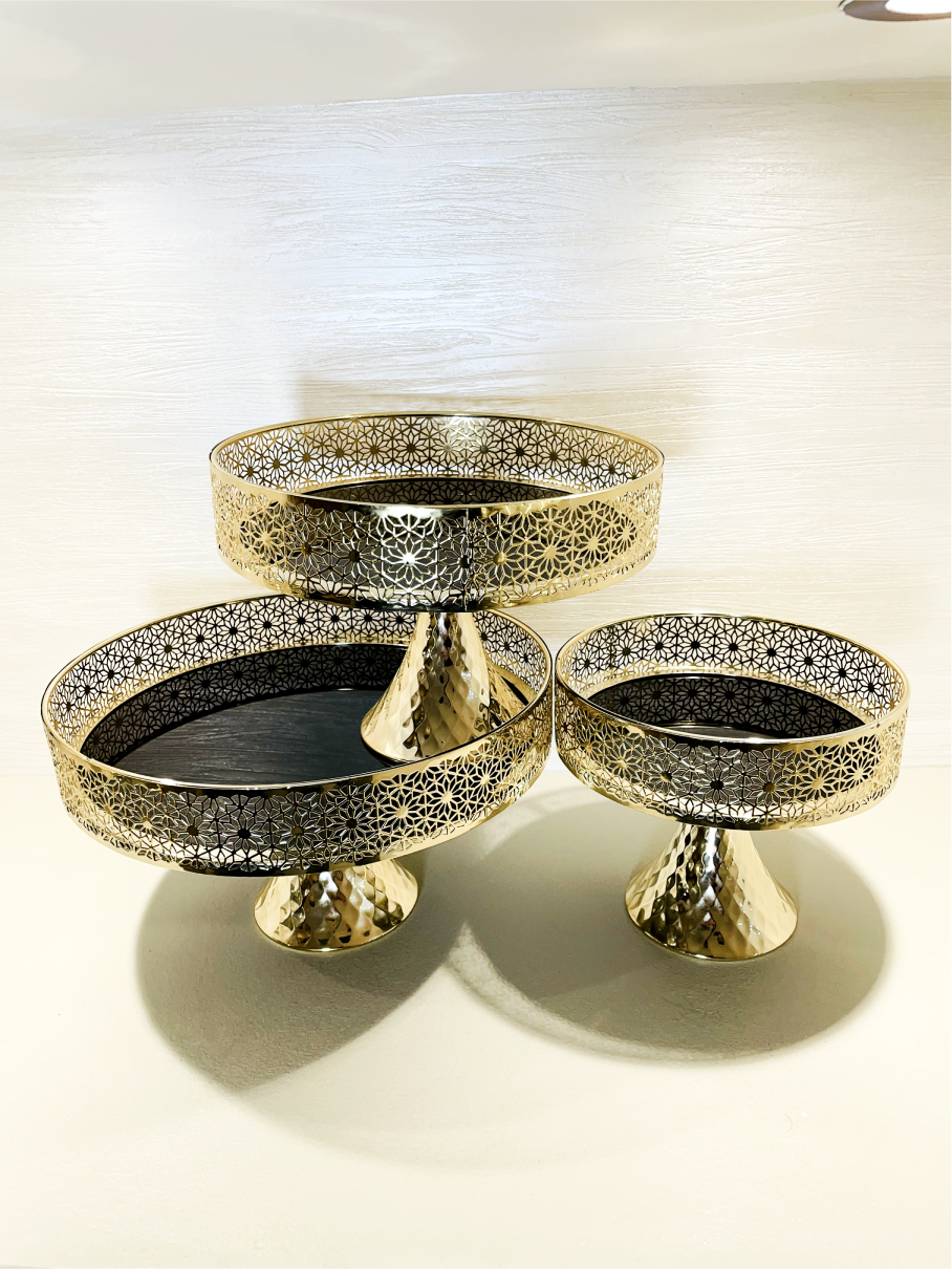 Ensemble de 3 Plateaux Ronds Élégants Noirs avec Pied et Bordures Argentées