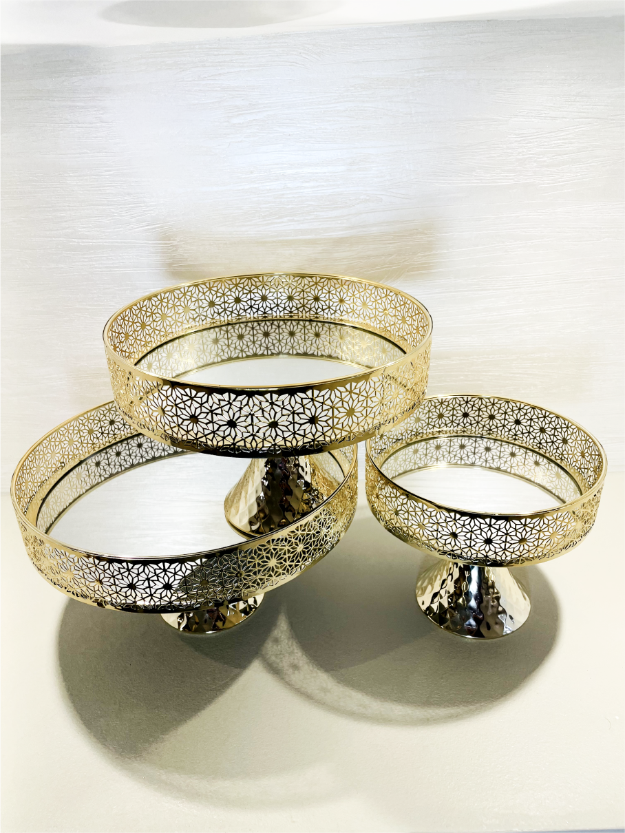 Ensemble de 3 Plateaux Ronds Miroirs Élégants avec Pied et Bordures Argentées