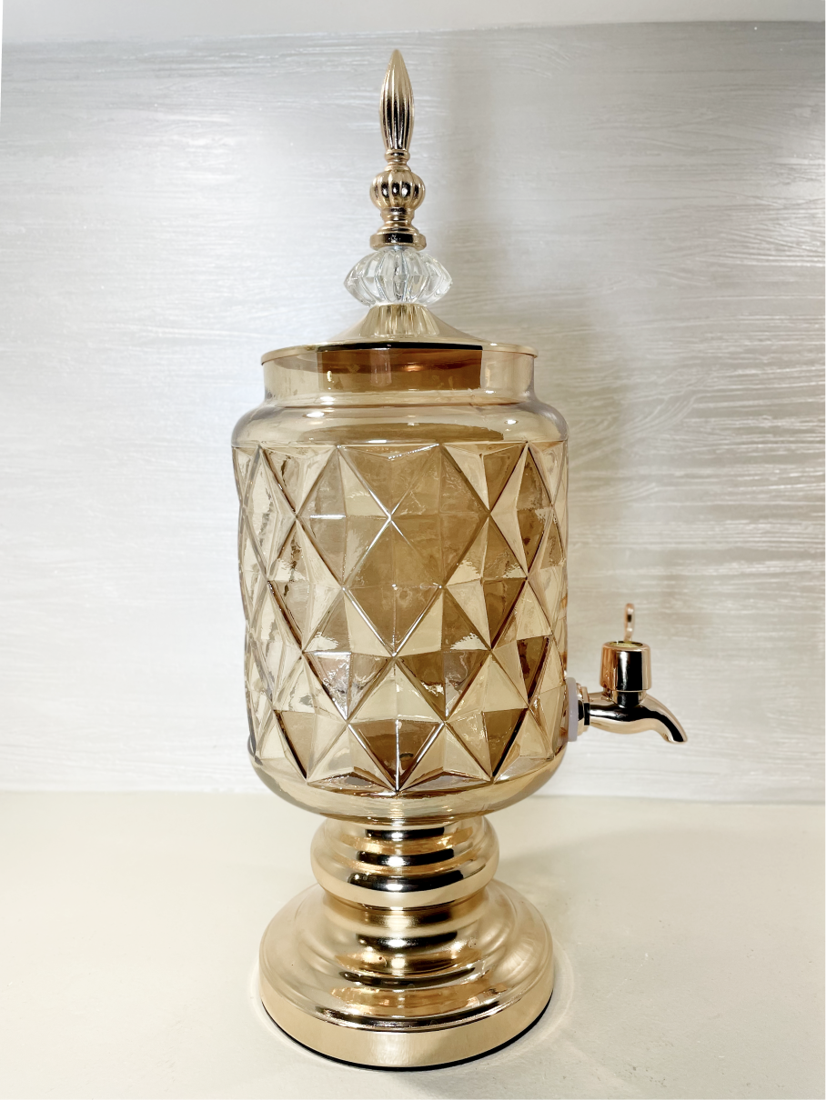 Carafe avec Robinet en Verre Ambre Clair avec Accents Dorés et 6 Verres