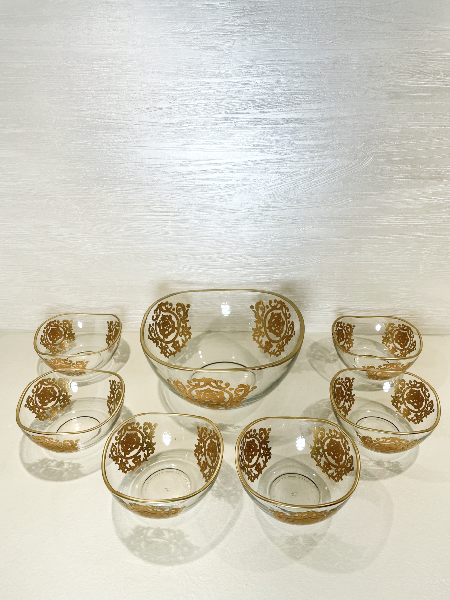 Grand Bol en Verre avec 6 Bols à Décorations Dorées