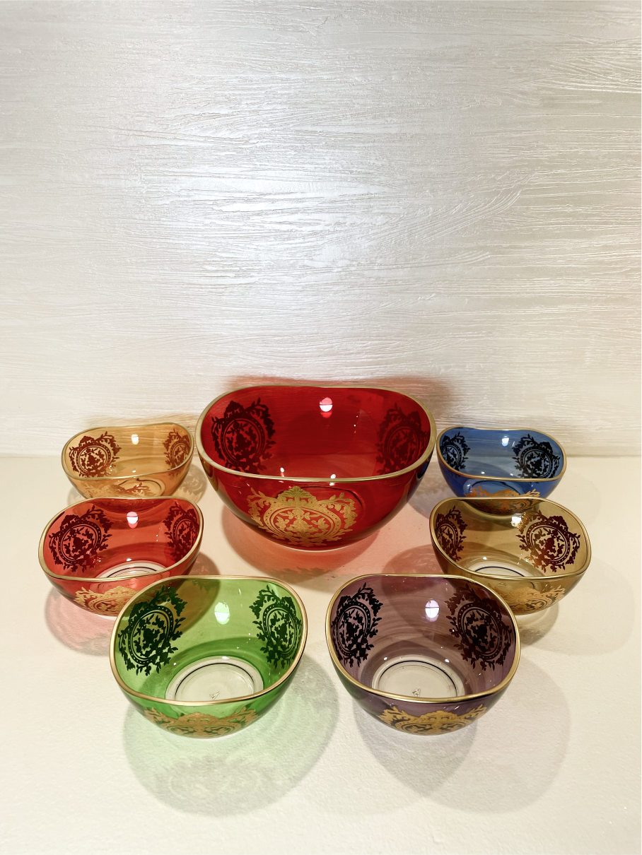 Grand Bol en Verre Teinté avec 6 Bols de Couleurs Différées