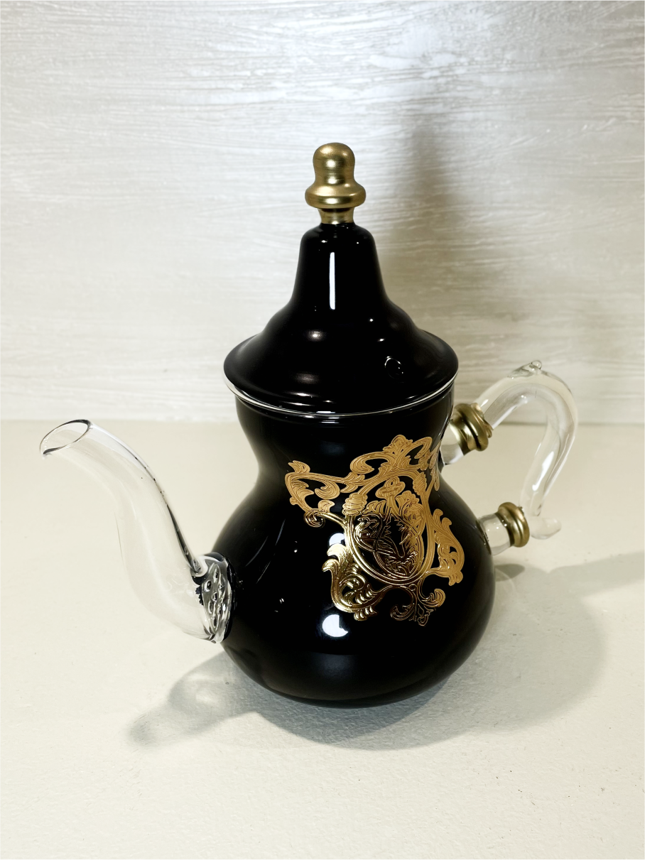 Théière Artisanale en Verre Noir Tanné avec Accents Dorés