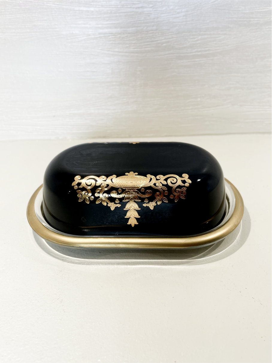 Beurrier Artisanale en Verre Noir Tanné avec Accents Dorés