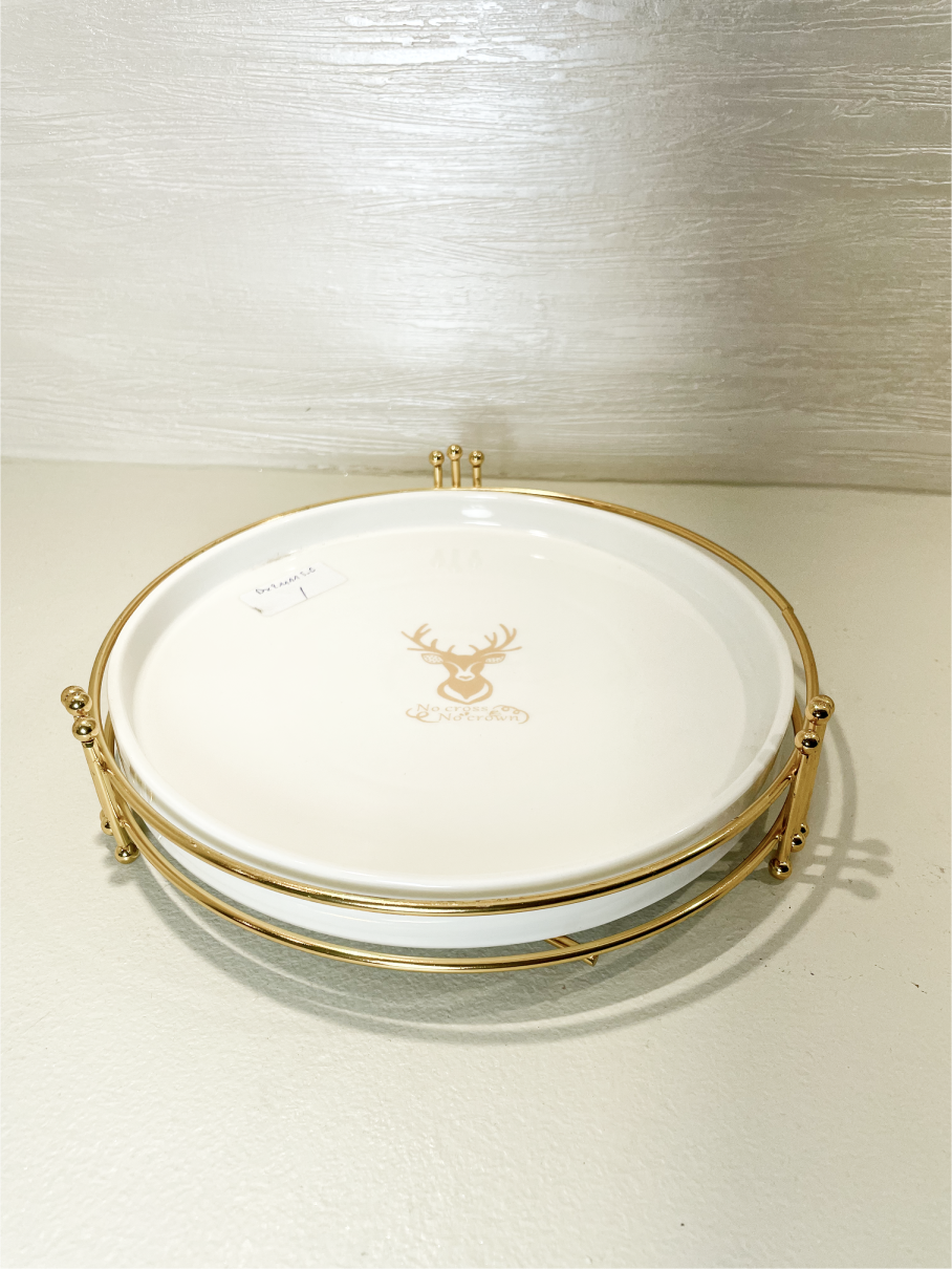 Plat de Service Grand Blanc avec Accents Dorés