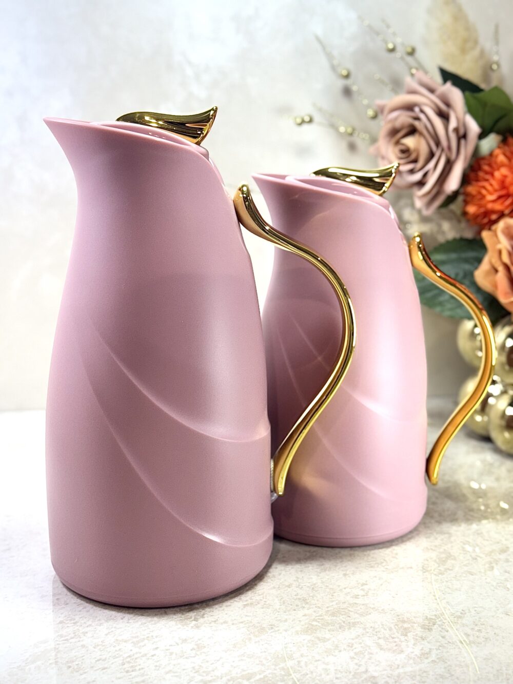 Ensemble de 2 Thermos Roses Élégants avec Motifs Dorés