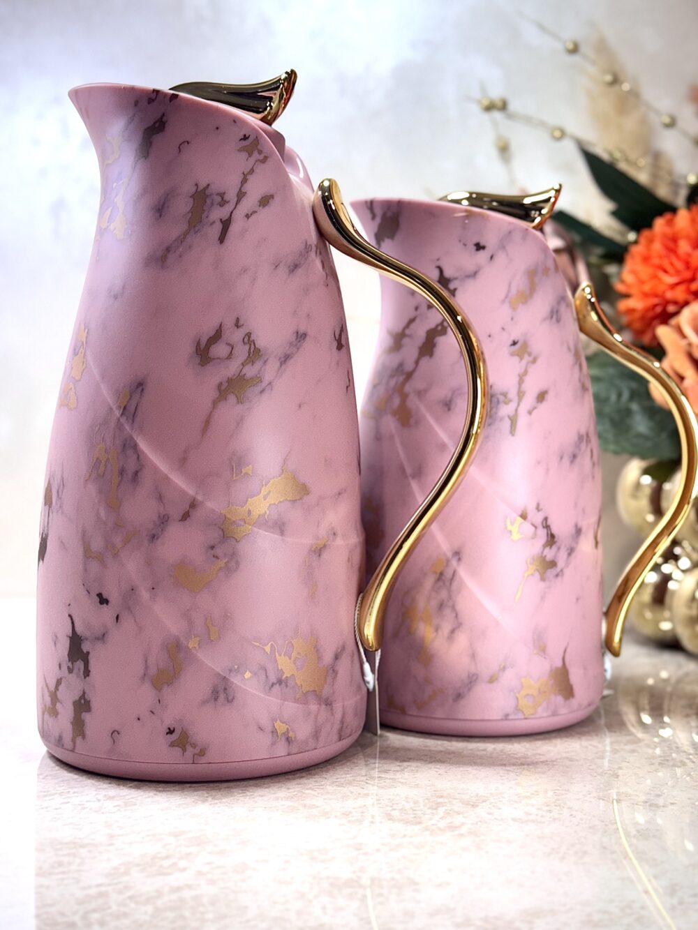 Ensemble de 2 Thermos Roses et Dorés à Motif Marbré