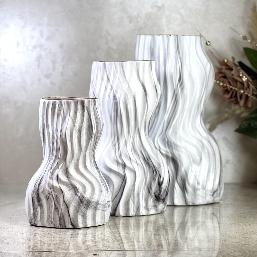Ensemble de 3 Vases Silhouette Moderne Blancs avec Touches de Gris