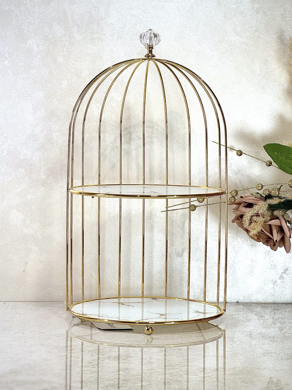 Présentoir Cage à Oiseau 2 Niveaux – Métal Doré et Verre Effet Marbre, Design Raffiné et Présentation Élégante