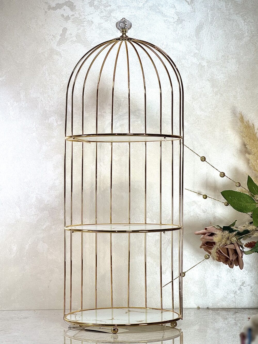 Présentoir Cage à Oiseau 3 Niveaux – Métal Doré et Verre Effet Marbre, Présentation Verticale Élégante et Moderne