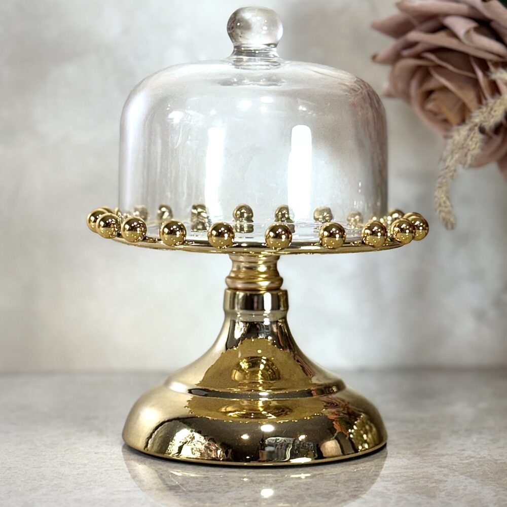 Ensemble de 2 Présentoirs Élevés en Miroir Doré avec Cloche en Verre – Design Élégant pour Décoration Raffinée