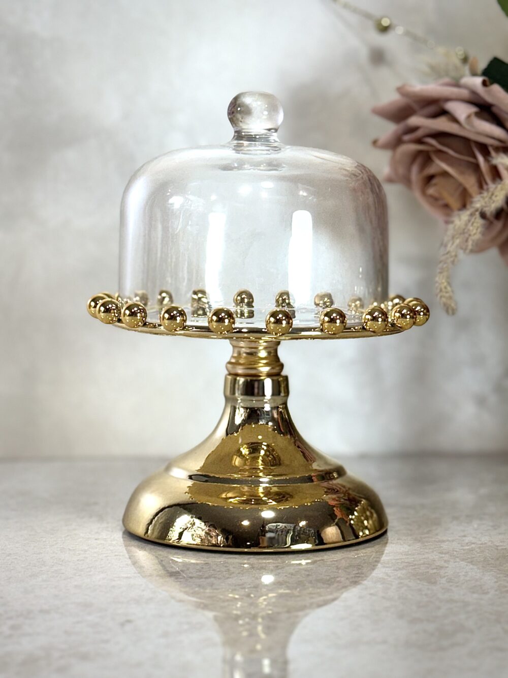Ensemble de 2 Présentoirs Élevés en Miroir Doré avec Cloche en Verre – Design Élégant pour Décoration Raffinée