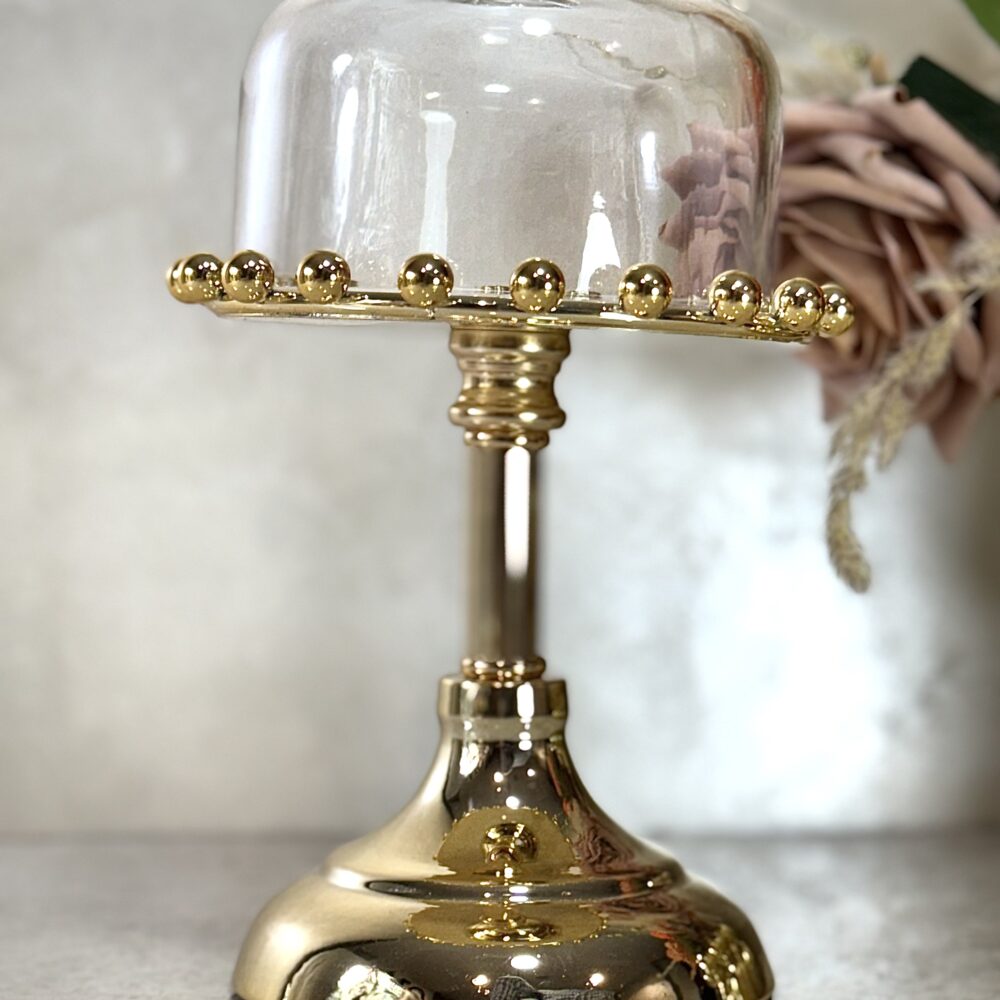 Ensemble de 2 Présentoirs Élevés en Miroir Doré avec Cloche en Verre – Design Élégant pour Décoration Raffinée