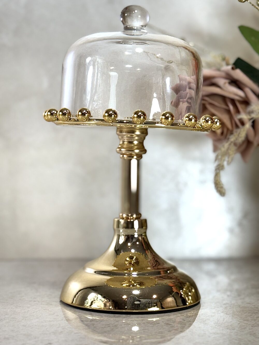 Ensemble de 2 Présentoirs Élevés en Miroir Doré avec Cloche en Verre – Design Élégant pour Décoration Raffinée