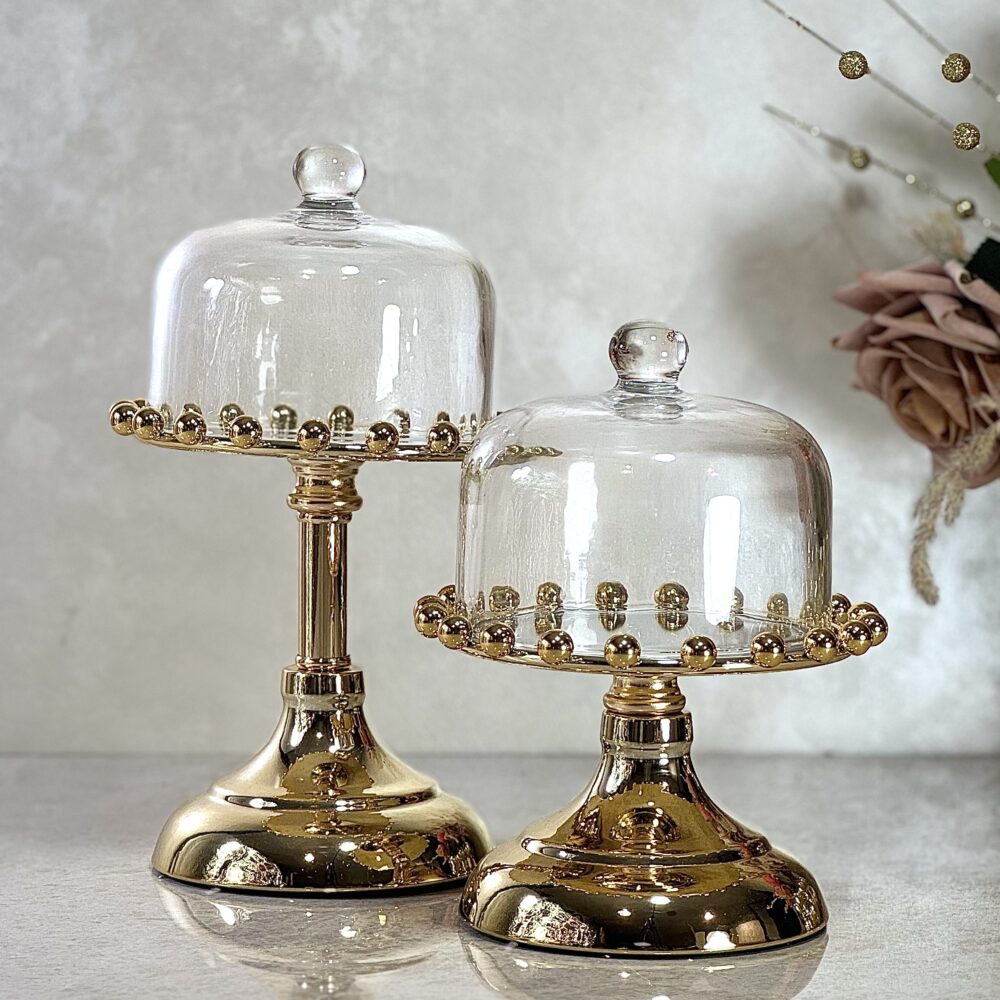 Ensemble de 2 Présentoirs Élevés en Miroir Doré avec Cloche en Verre – Design Élégant pour Décoration Raffinée
