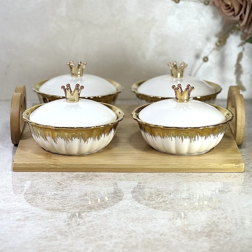 Ensemble de Plateau avec 4 Récipients en Céramique – Blanc et Doré Élégant